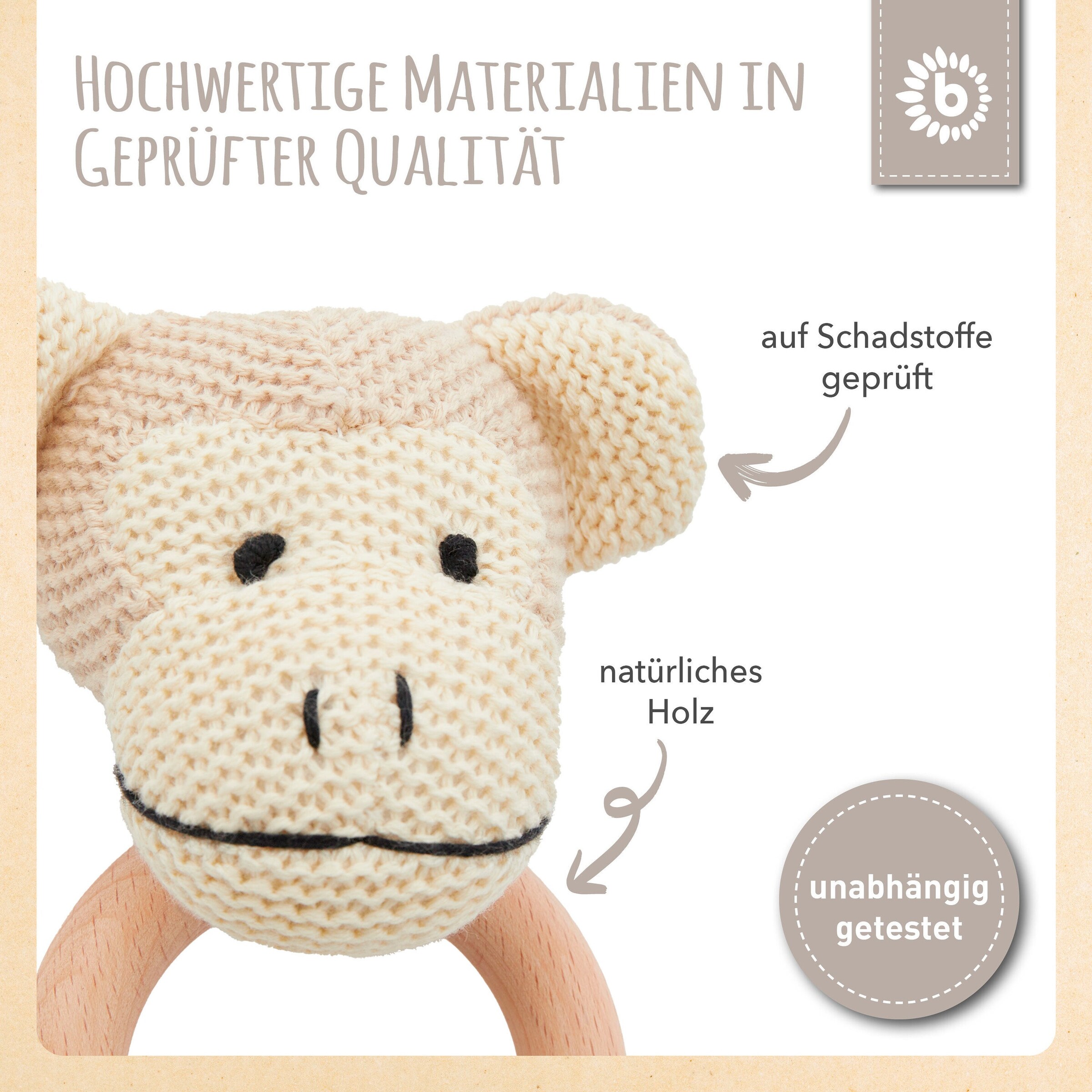 Bieco Greifling Holz Natur und Baumwolle mit Rassel Affe - ab Geburt Braun