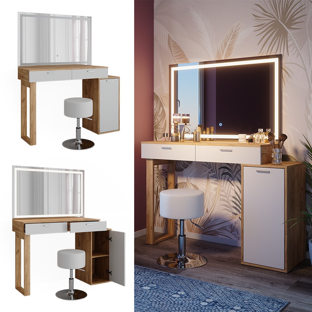 Vicco Schminktisch Regina Eiche Weiß 130 cm mit LED-Spiegel und Hocker
