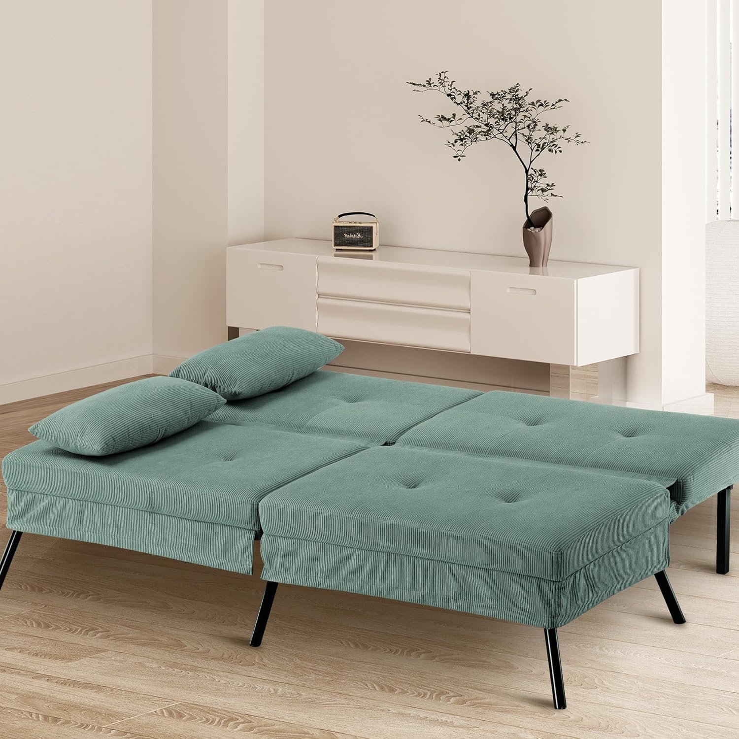 COMHOMA Sofa Schlafsofa mit Schlaffunktion, überzug Futon Klappsofa, Bettcouch, ecksofa, Couch Gästebett, 3-Sitzer Sofa, mit verstellbare Rückenlehne aus Cordstoff Grün