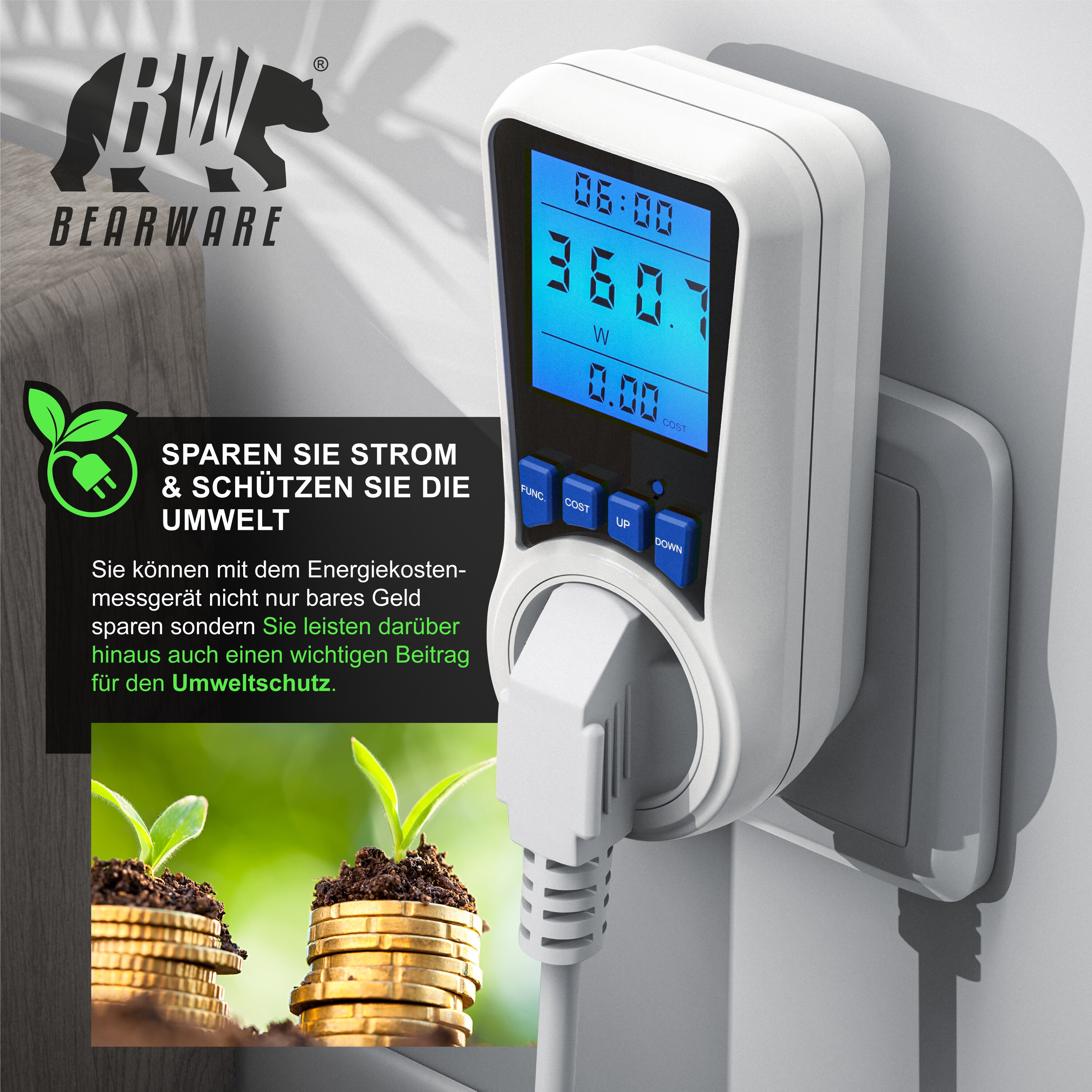 BEARWARE Energiekostenmessgerät Stromkostenmessgerät, max. 3680 W, Stromverbrauchszähler, Stromzähler