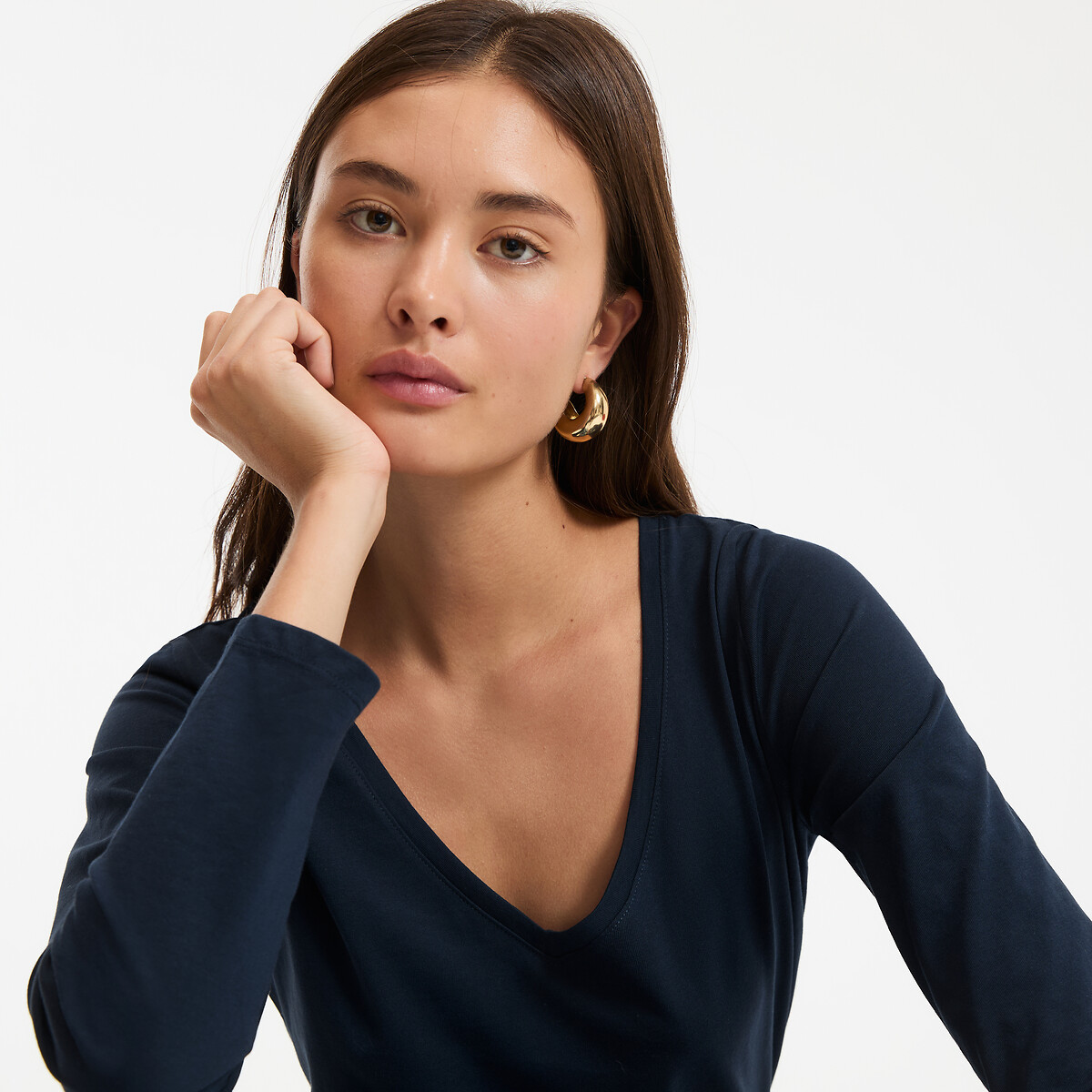 COLEÇÕES LA REDOUTE<br>Camiseta de algodão orgânico, gola V, mangas compridas
