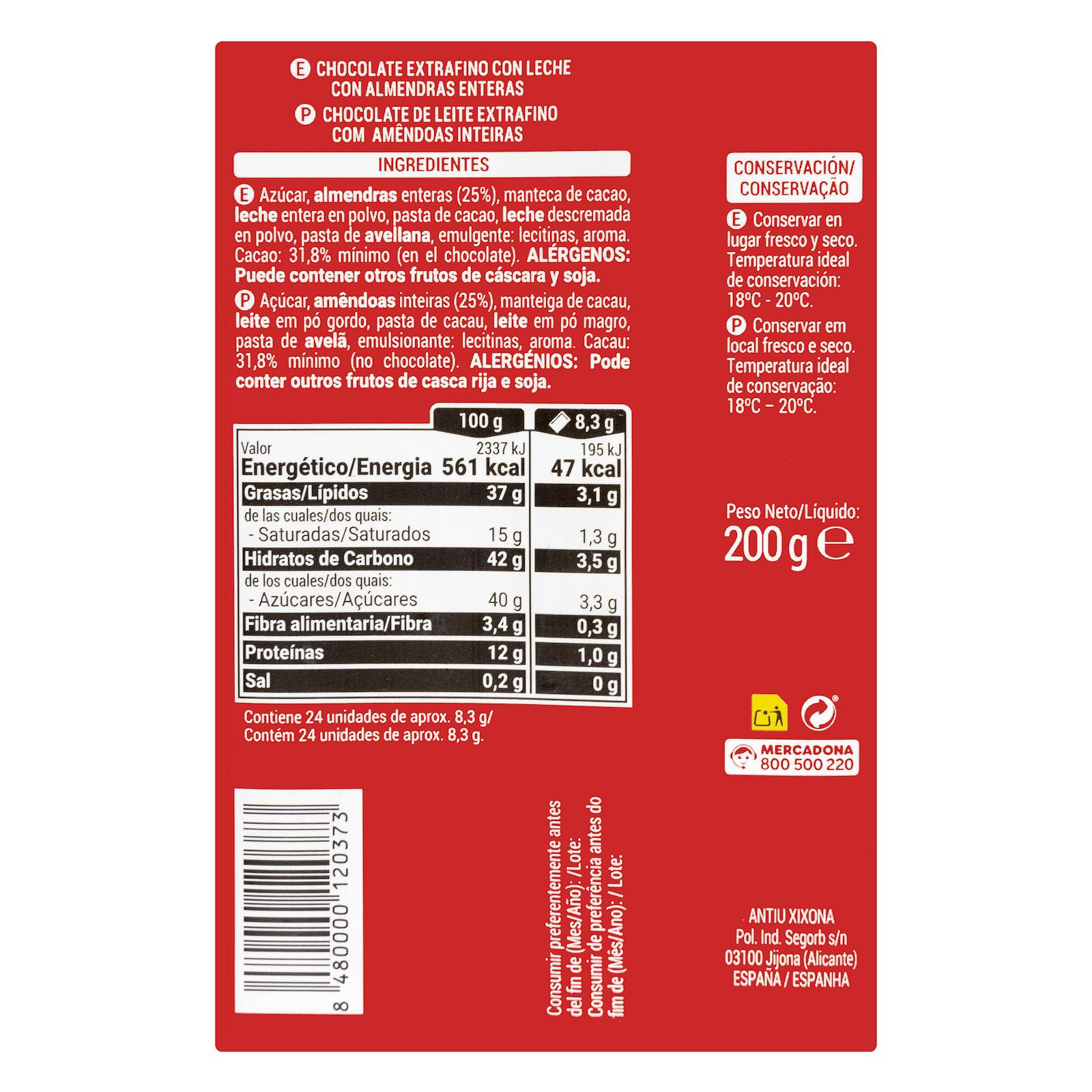 Chocolat au lait extra-fin Hacendado aux amandes entières
