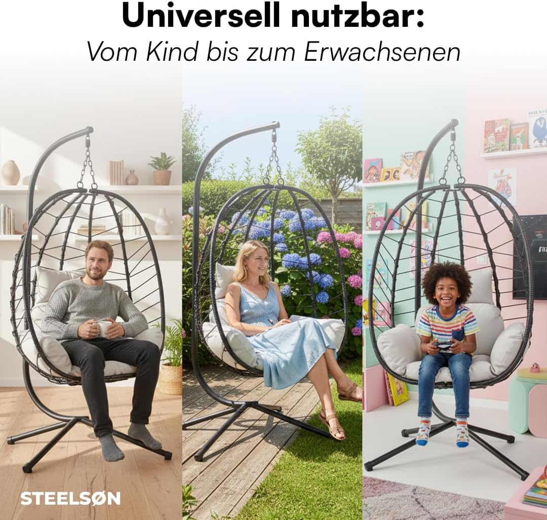 STEELSØN Alarian Hängesessel mit Gestell – Hängestuhl Rattan Outdoor & Indoor mit Kissen – Hängekorb Schwarz/Grau höhenverstellbar – Gartenschaukel Erwachsene/Kinder – Hanging Chair faltbar bis 150kg