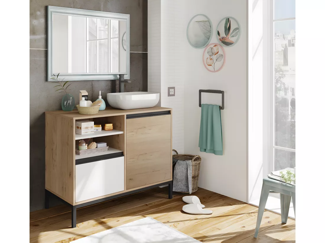 Meuble Vasque 1 porte + 1 tiroir coloris chêne doré/ blanc - Hauteur 95.5 x Longueur 100 x Profondeur 51 cm