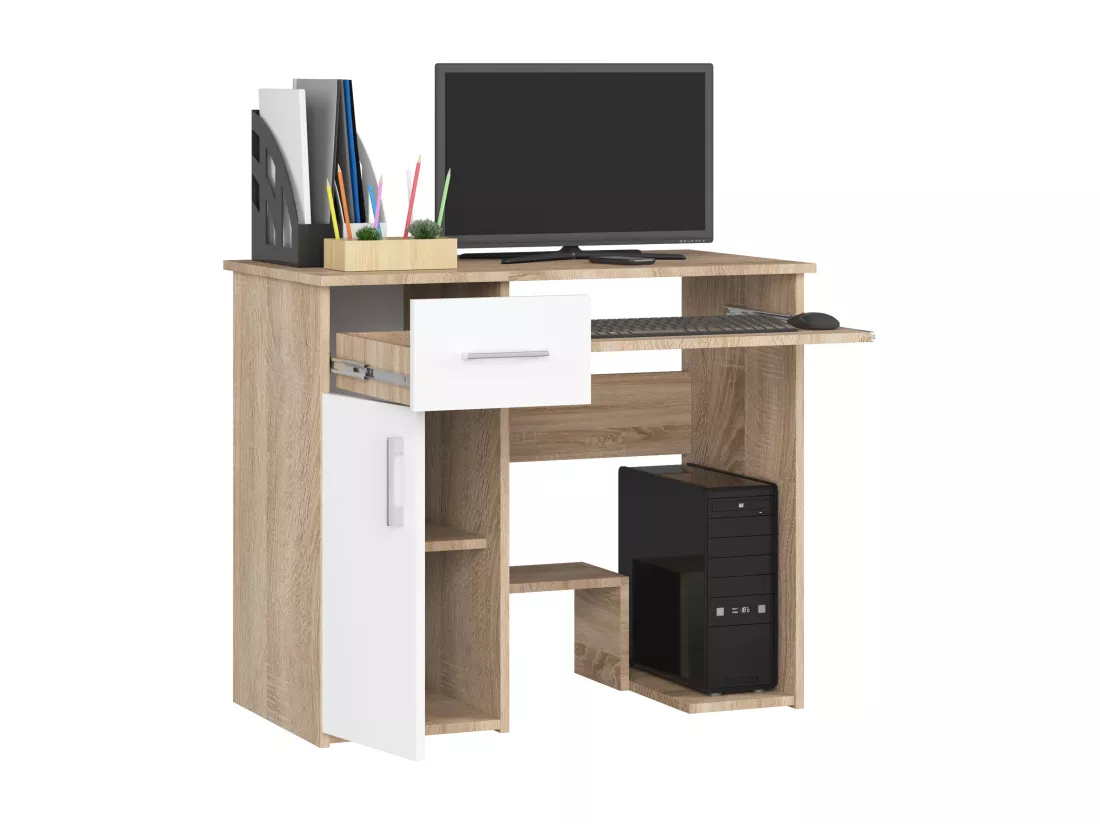 Bureau d'ordinateur AKORD JAY Chêne Sonoma 90 cm 1 porte 1 tiroir façade Blanche 3 étagères 90x50x74 cm