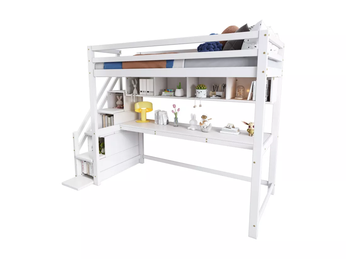Lit mezzanine 90 x 200 cm avec bureau, tiroirs et étagères de rangement - Bois de pin - Blanc