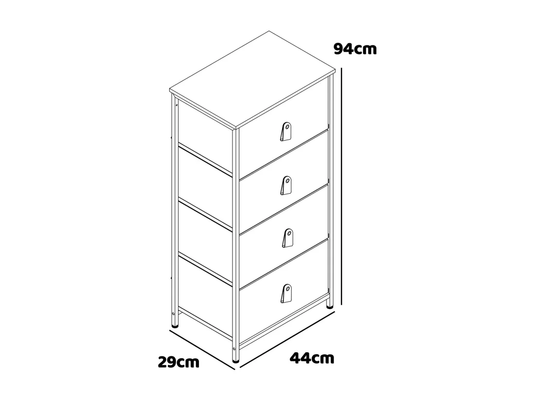 Apollonia - Commode 4 tiroirs en tissu, façade et étagère supérieure en bois mélaminé stratifié