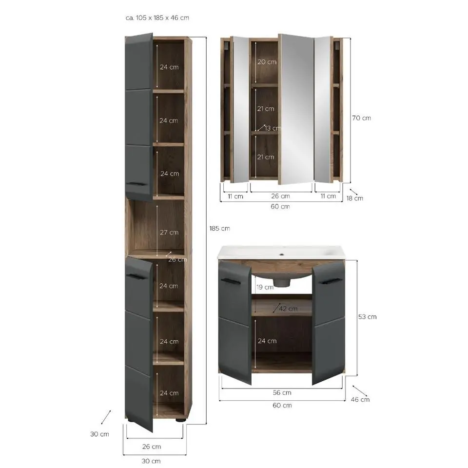 Hioshop Ice badkamer I5 zwart mat- eiken decor