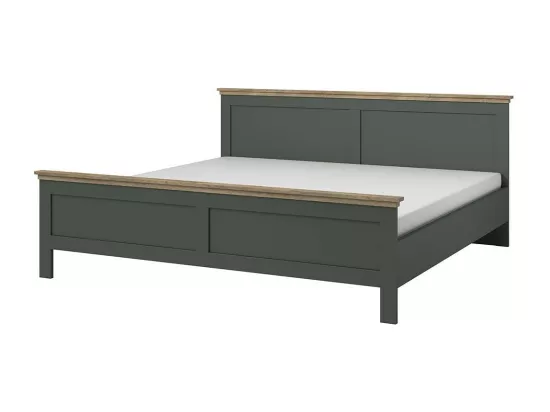 Chambre à coucher ASSIA : Armoire 200cm, Lit 180x200, commode, chevets. Coloris vert kaki et chêne.