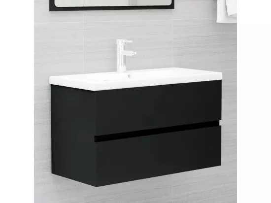 Armoire d'évier avec lavabo intégré noir bois d'ingénierie