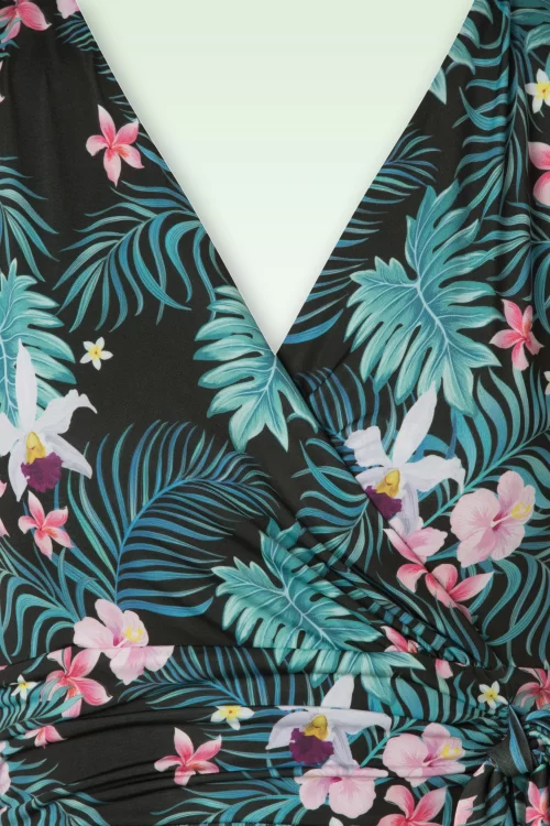 Vintage Chic for Topvintage Irene tropische gebloemde overslagswingjurk in zwart