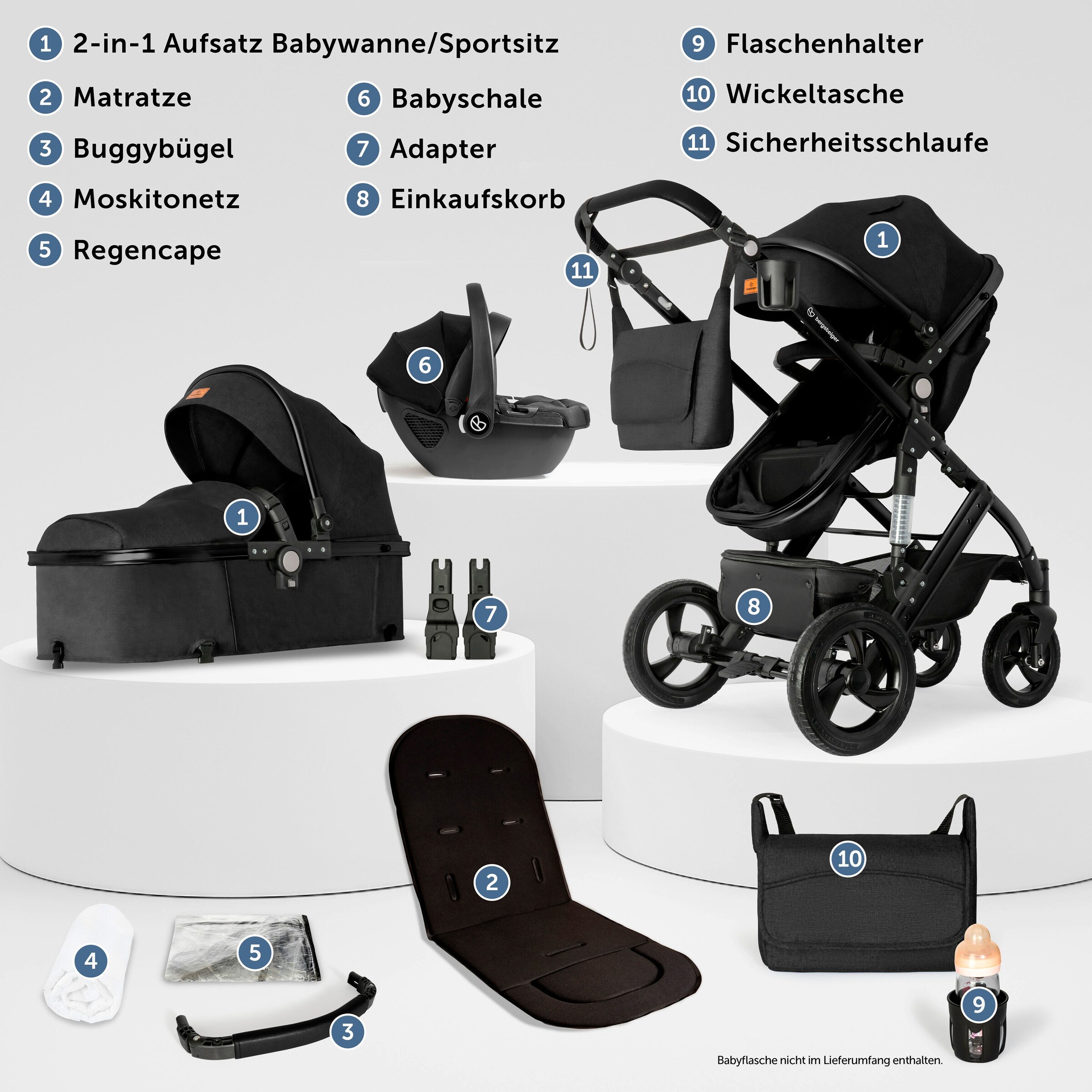 Bergsteiger Kinderwagen Nizza + Babyschale black | Gestell: black