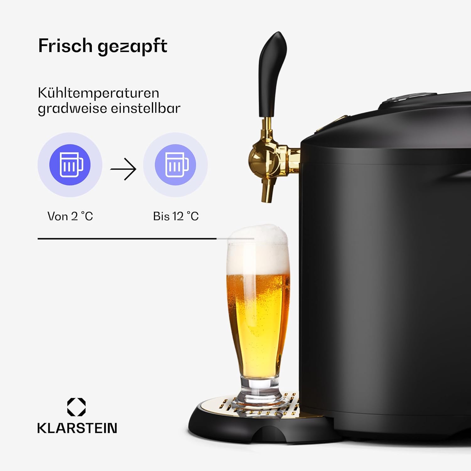 Klarstein Zapfanlage mit Kühlung - Bierzapfanlage 5L Fass, UltraFast Cooling, Einstellbare Temperatur, CO2-Kartuschensystem, LCD-Anzeige, Schwarz-Gold