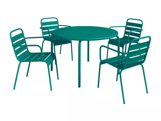 Salle à manger de jardin en métal - une table D.110 cm et 4 fauteuils empilables - Bleu canard - MIRMANDE de MYLIA