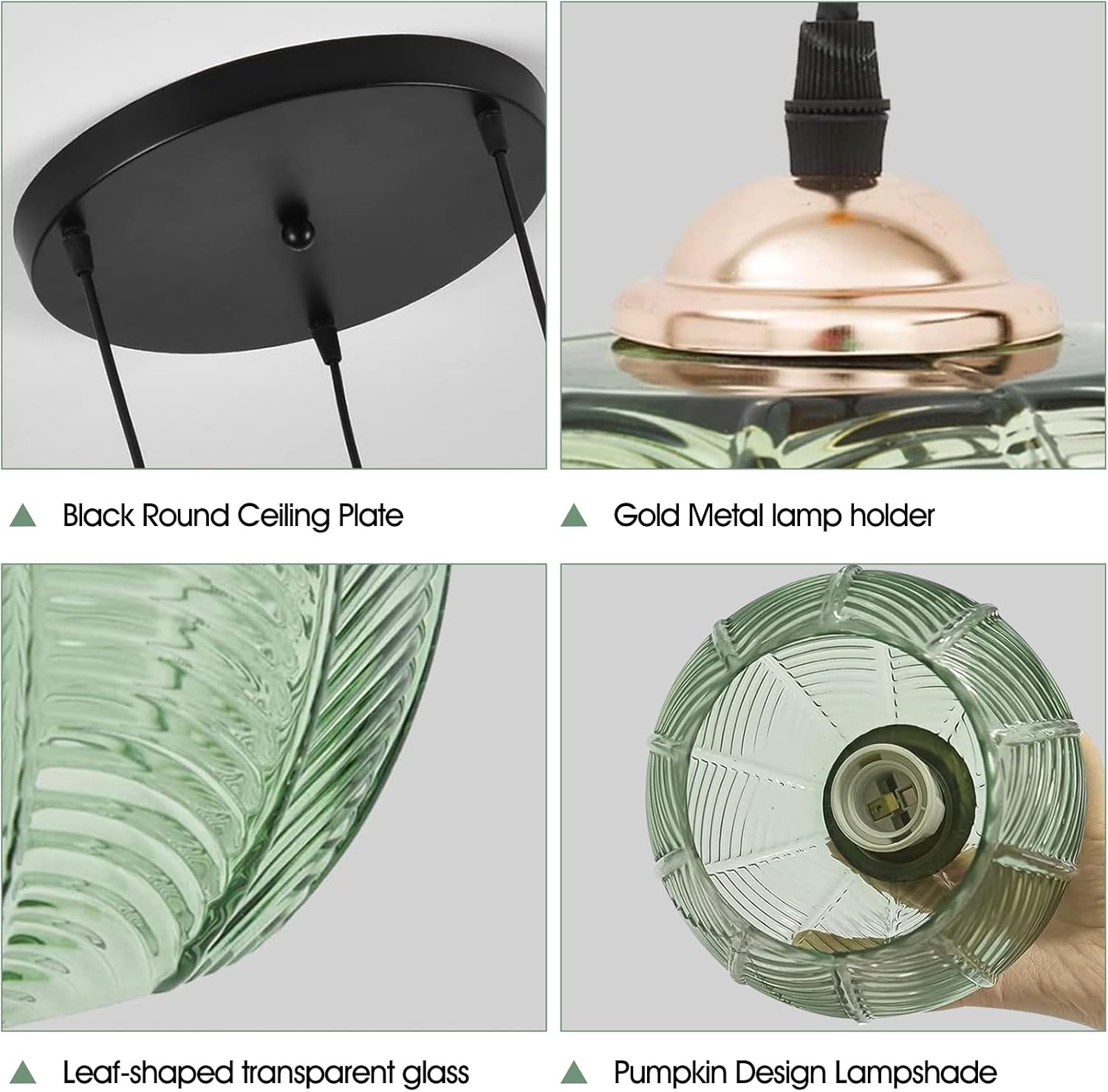 Hängelampe 3 Flammig, Pendelleuchte mit Grünem Glas Lampenschirm Modern für Wohnzimmer Schlafzimmer Esstisch (3 Light)