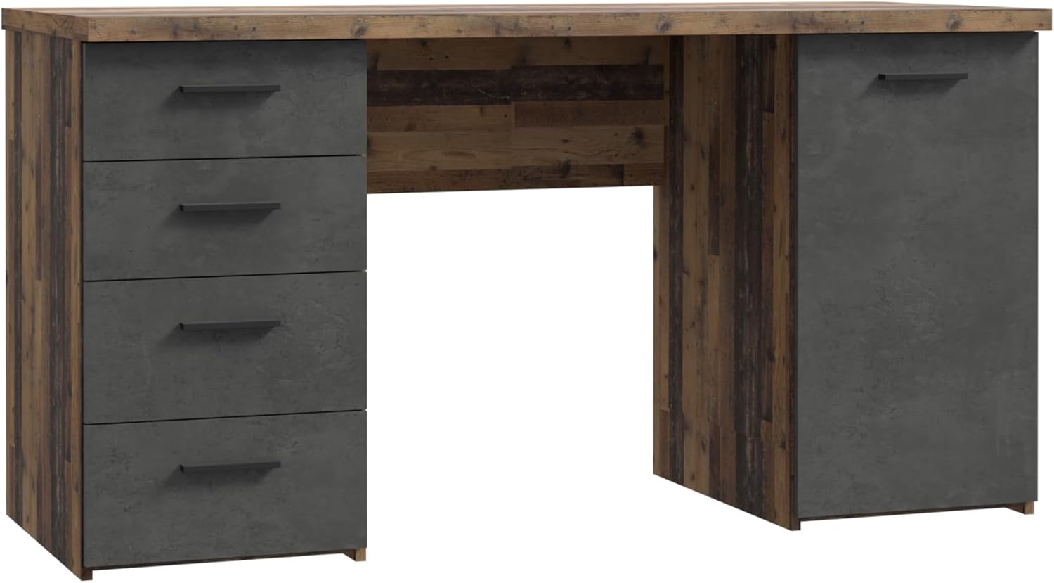 FORTE NET106 Schreibtisch mit 4 Schubladen und 1 Tür, Holzwerkstoff, Old - Wood Vintage/Betonoptik Dunkelgrau, B x H x T: 145 x 76,3 x 60 cm
