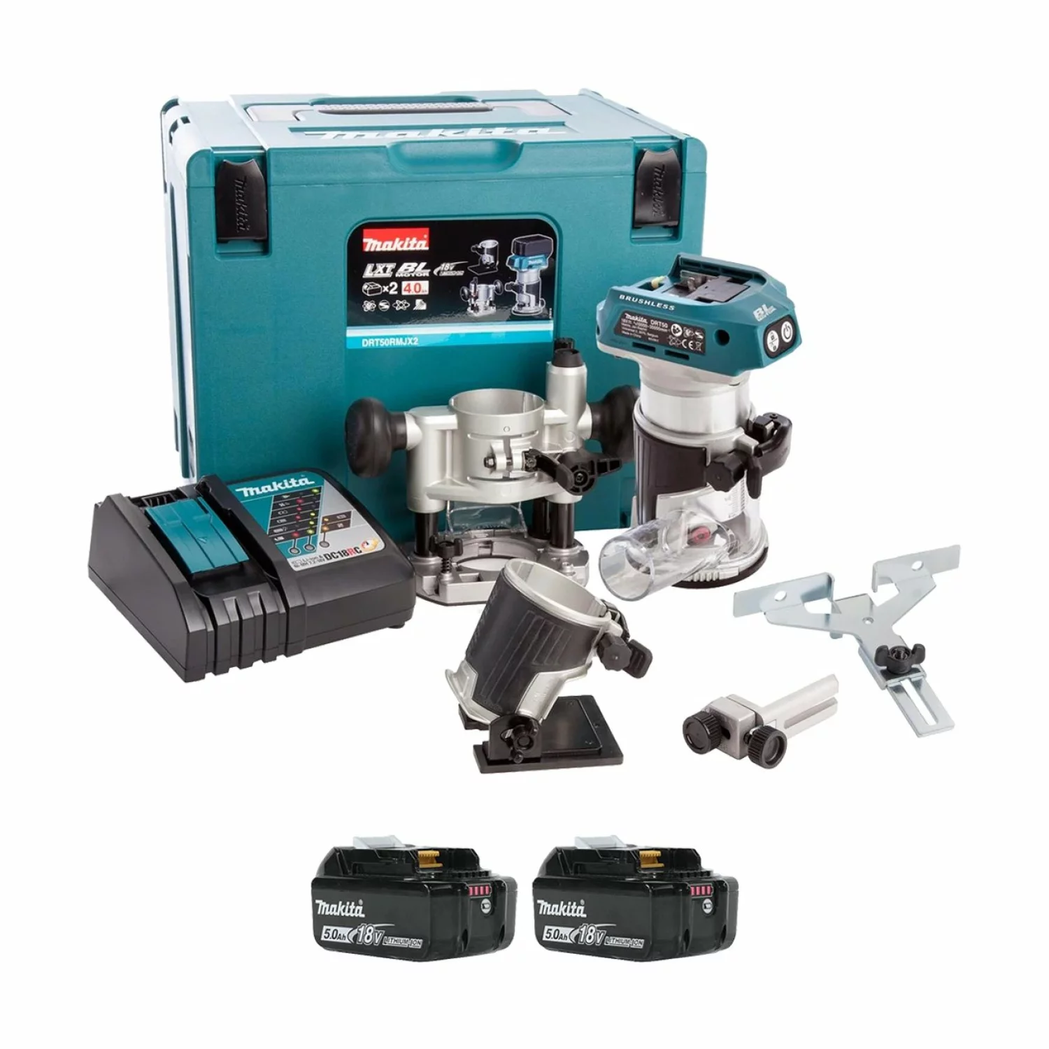 Makita DRT50RTJX2 18V Li-Ion accu boven-/kantenfrees en trimmer set (2x 5.0Ah accu) in Mbox