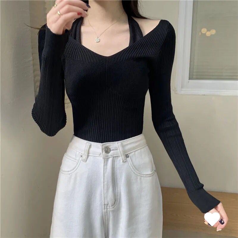 Hevnir - Tweedelige geribbelde, slim fit gebreide top met lange mouwen en halternek