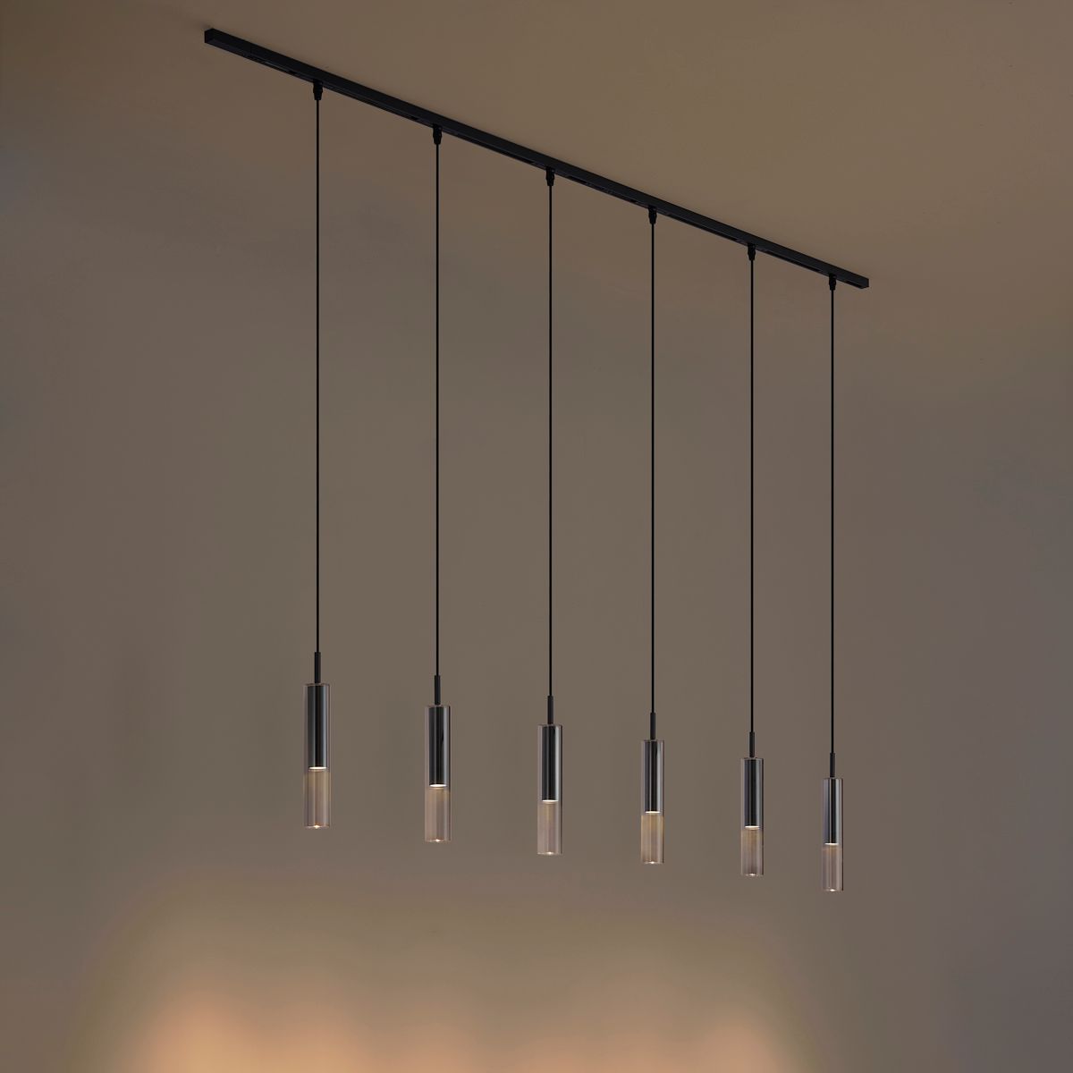 Modern railsysteem zwart met 6 hanglampen zwart met smoke glas 1-fase - Slimline Loyce
