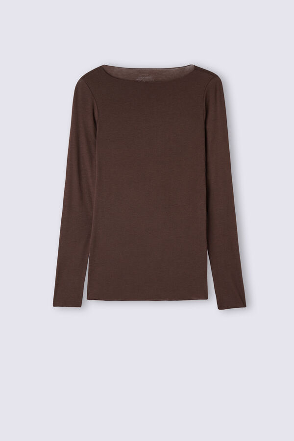 Camiseta de manga comprida ultraleve com decote canoa em cashmere modal