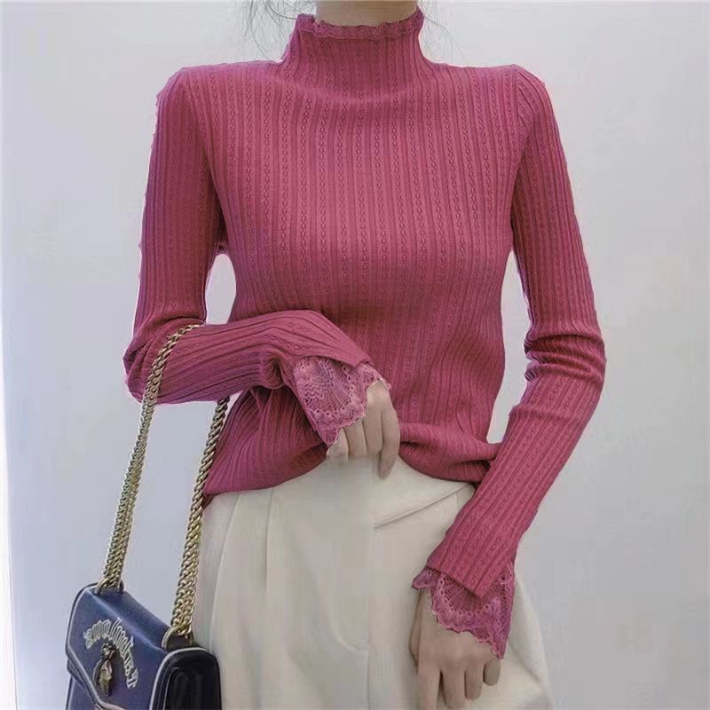 Onipixiy - Top met lange mouwen, geribbelde gebreide top met effen kant en een mockneck