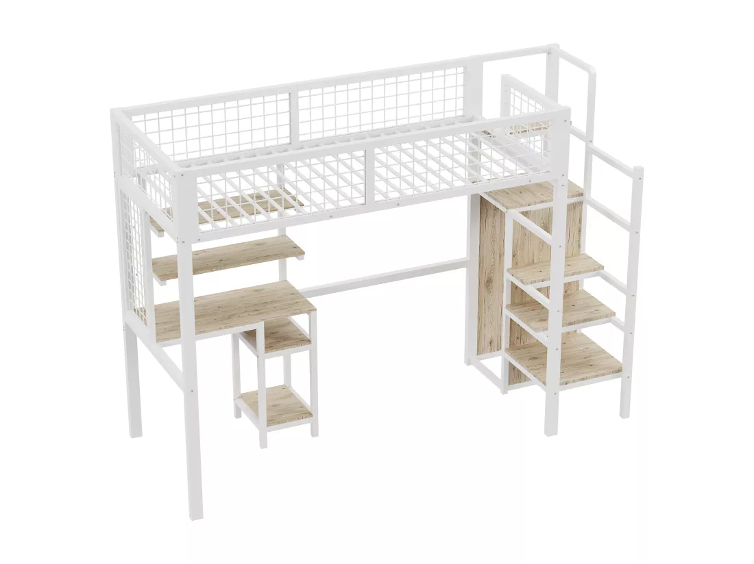 Lit mezzanine 90 x 200 avec bureau et armoire - Structure en fer - Sommier à lattes - Blanc (sans matelas)