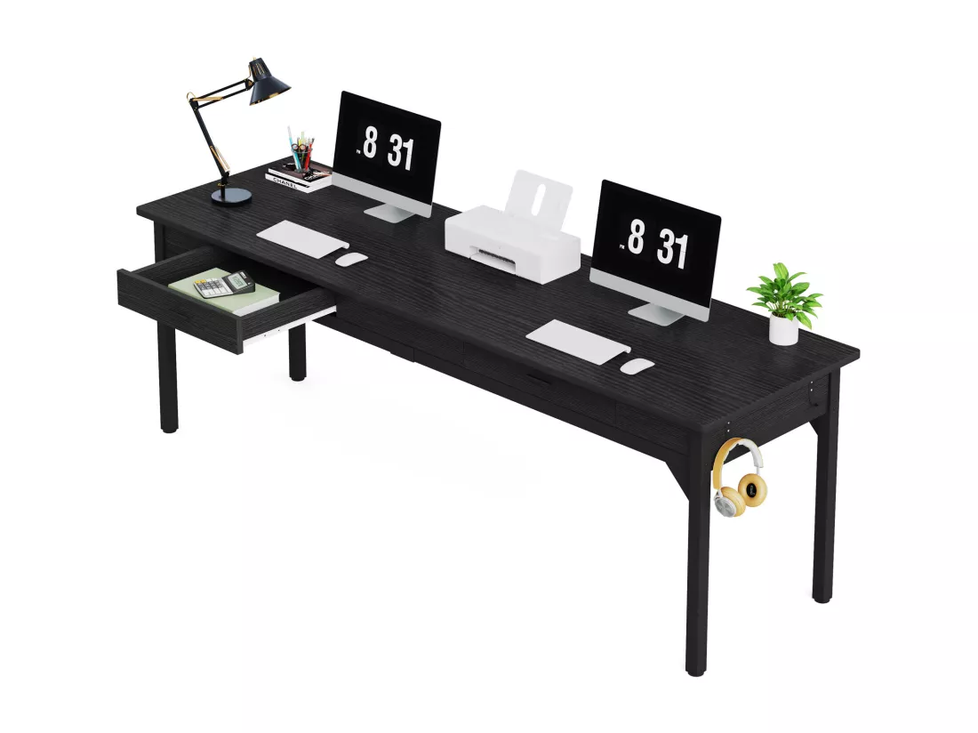 Bureau d'ordinateur - 200 x 60 x 82 cm - Double Bureau Long avec 2 tiroirs - Noir