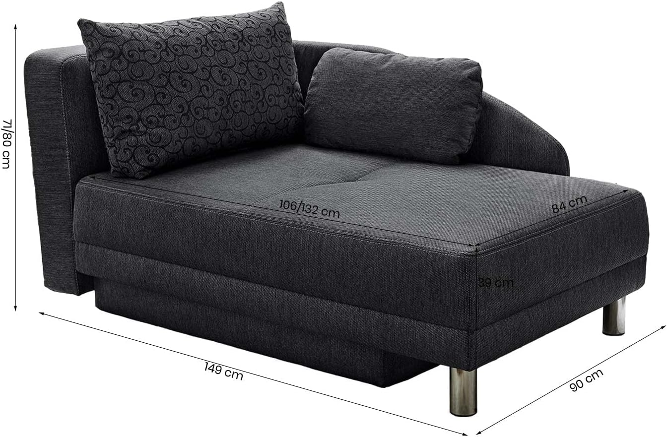 Stilvolle Recamiere mit Federkernpolsterung, Schlaffunktion, Bettkasten, B149/T90/H80 cm, ausziehbar zur Liegefläche von 200 x 84 cm, Stoff Flachgewebe in Anthrazit / 15121