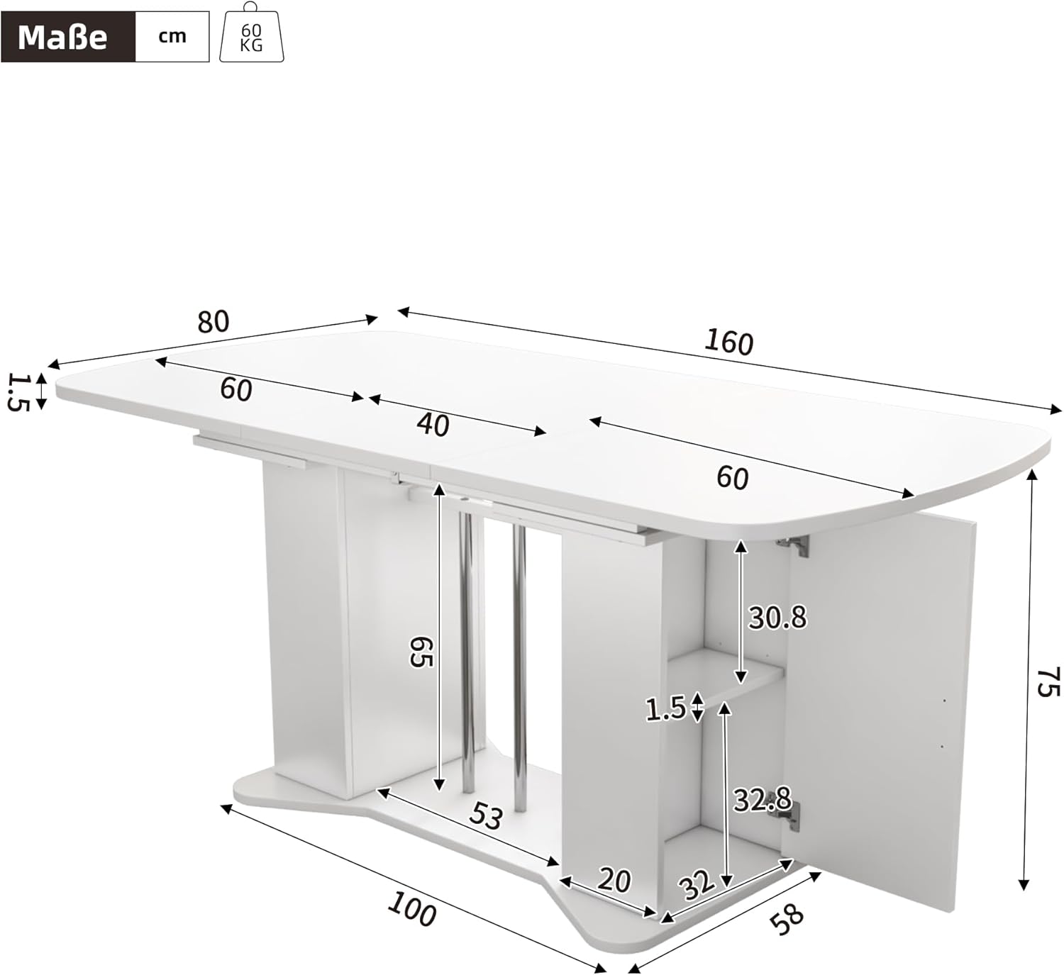 Esstisch Küchentisch für 4-6 Personen, Esstisch Ausziehbar 120-160 x 80 cm, Esszimmertisch Rechteckige mit Stauraum und Türen, Tisch mit Tischplatte und Metallgestell für Esszimmer, Weiß