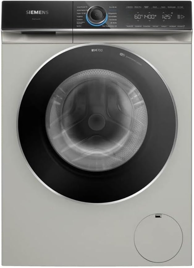 Siemens WG44B20X40 Waschmaschine iQ700, Frontlader mit 9kg Fassungsvermögen, 1400 UpM, speedPack XL, Home Connect, Anti Flecken System, LED-Display, Silber-inox, 60cm