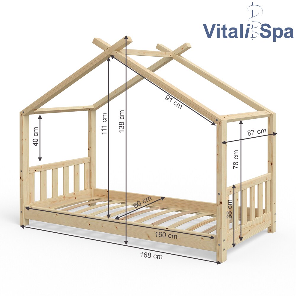 VITALISPA Kinderbett Hausbett DESIGN 80x160cm Natur Zaun Kinder Holz Haus Hausbett mit Matratze