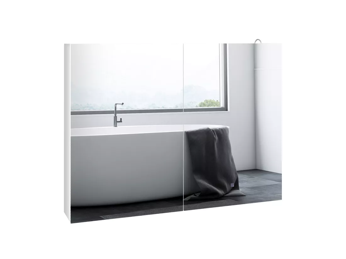 Armoire miroir LED de salle de bain - 2 portes, 2 étagères - tactile, lumière réglable - MDF blanc laqué verre