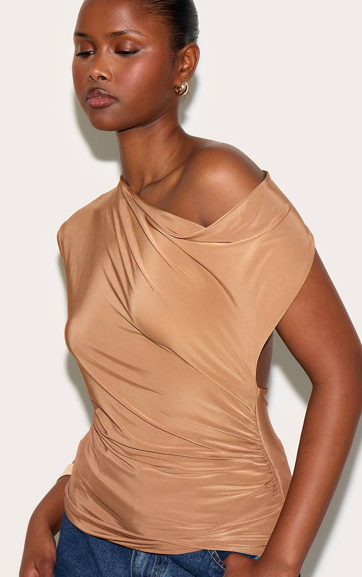Marron Haut Long Asymétrique Dos Nu En Tissu Slinky Double Épaisseur