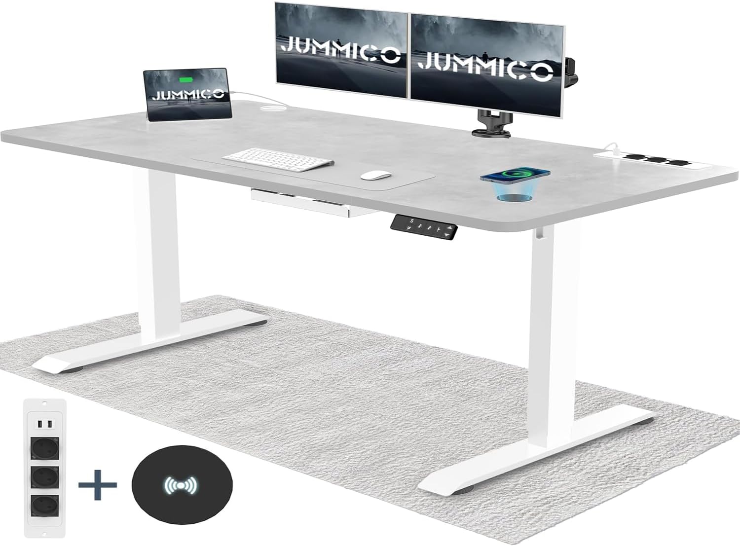 JUMMICO Höhenverstellbarer Schreibtisch mit Kabelloser Ladestation und Euro-Steckdose mit USB, Schreibtisch Höhenverstellbar Elektrisch Stehtisch, Standing Desk (Grau 180x80cm)