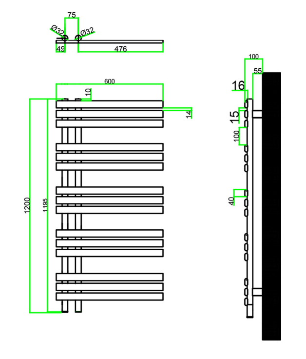 Eastbrook Loddon elektrische handdoekradiator 60x120cm 500W antraciet