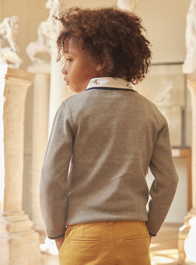 Pull gris chiné à motif tête de tigre
