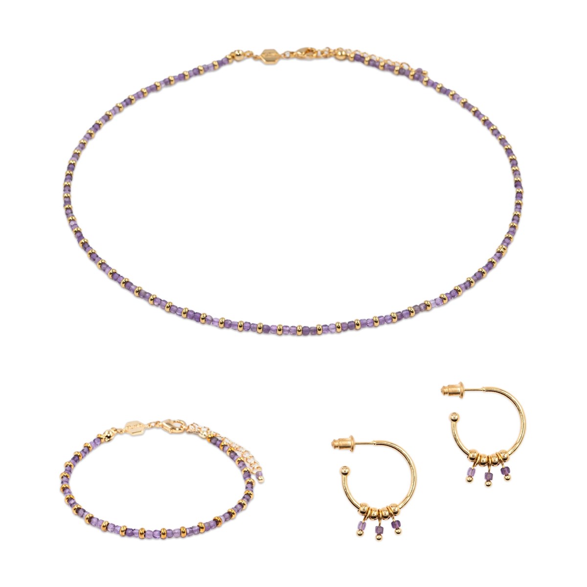 Collier, bracelet et boucles d'oreilles Karia en pierres Améthyste