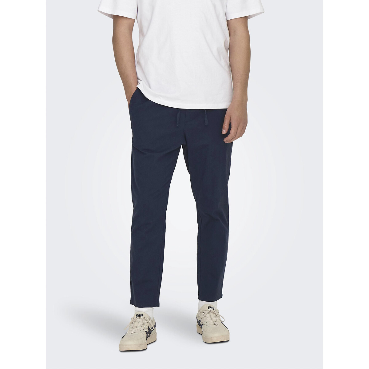ONLY & SONS<br>Calças de algodão e linho com cordão na cintura