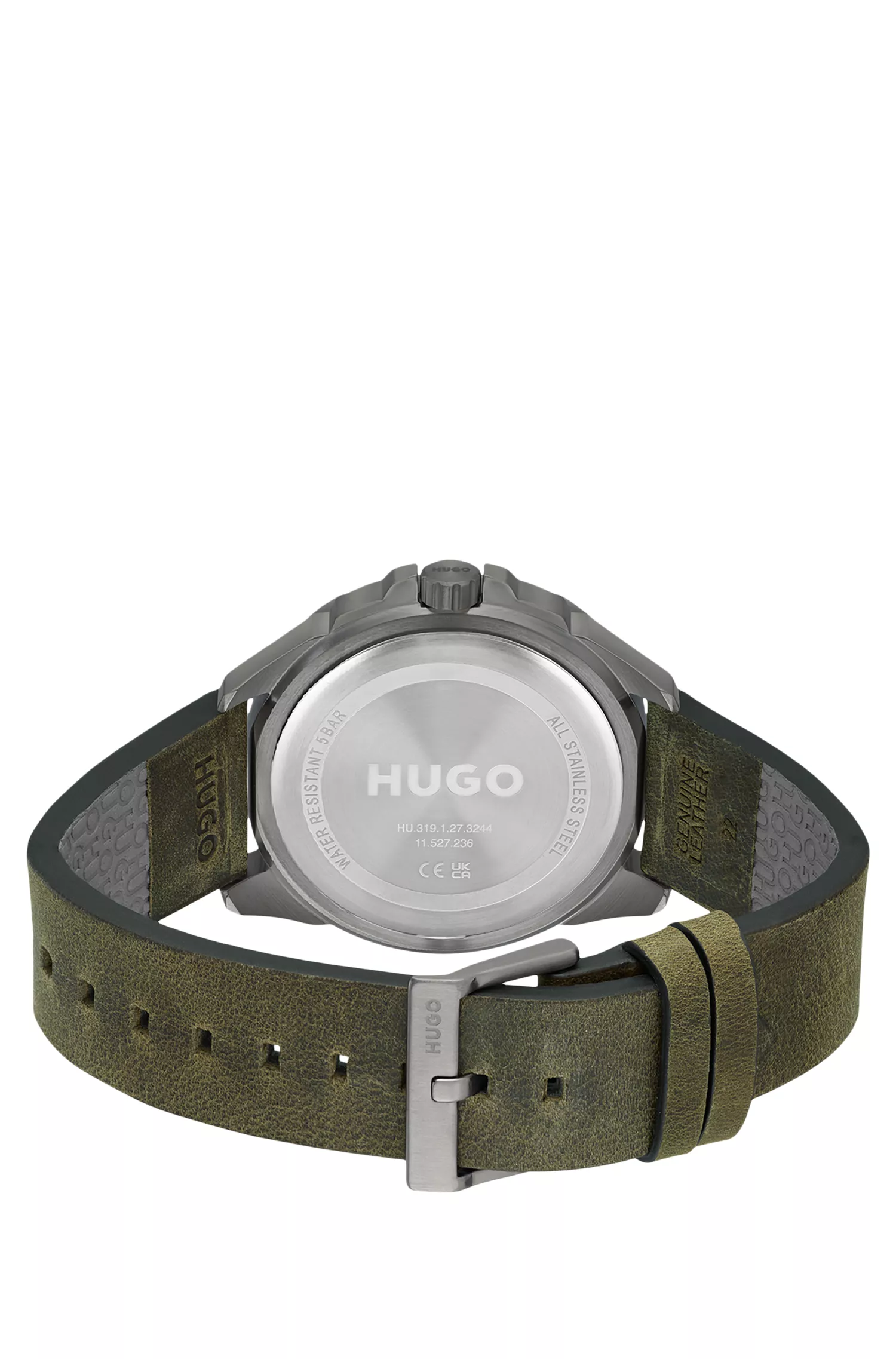 Relógio HUGO com revestimento em vermelho-acinzentado e pulseira de couro com logotipo gravado.