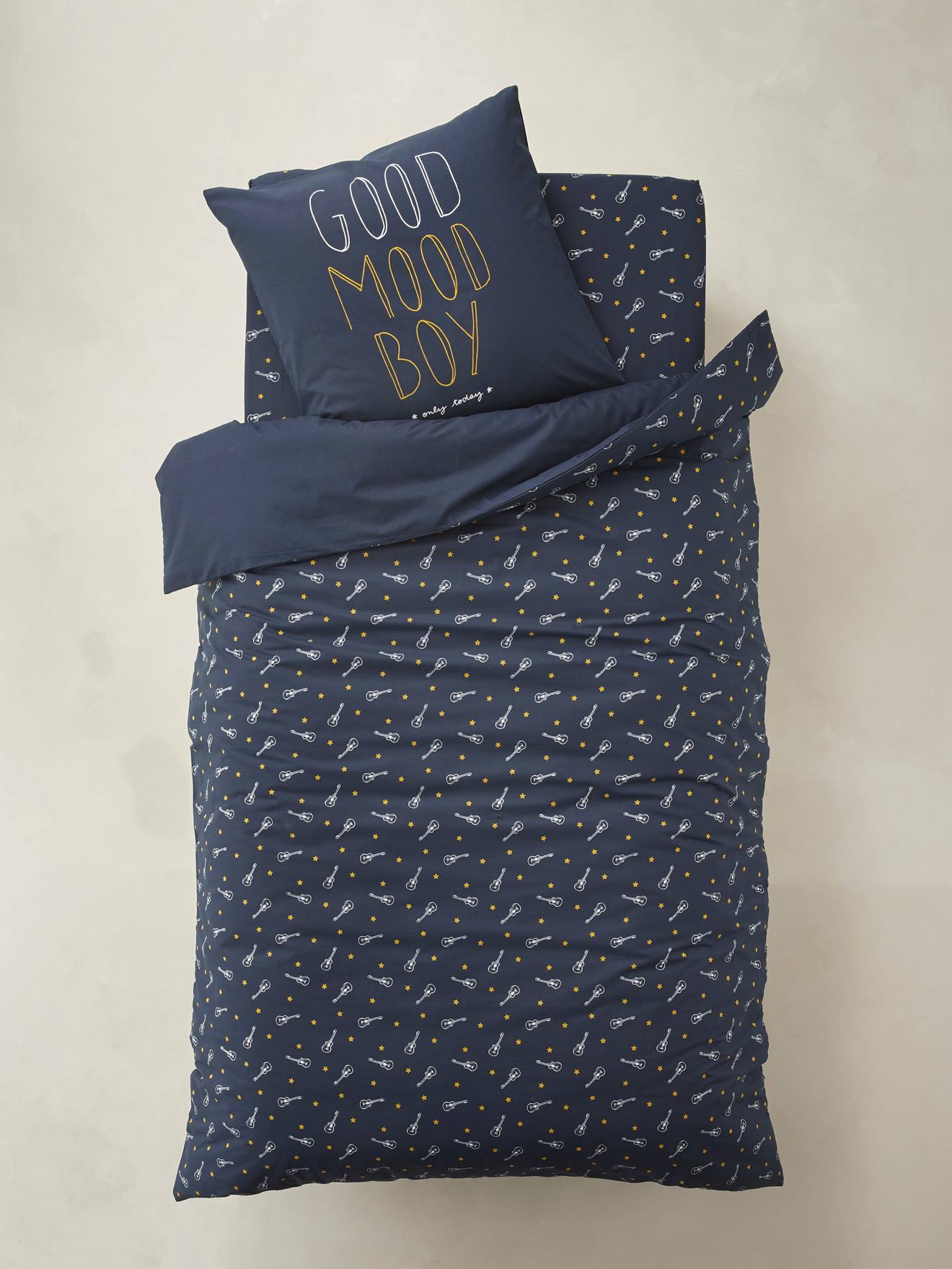 Conjunto de capa de edredom e fronha ROCK STAR, azul escuro liso com estampas.