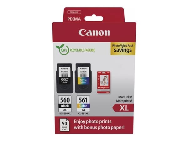 Canon PG-560XL/CL-561XL Photo Value Pack - Blank - 2-pack - Høy ytelse - svart, farge (cyan, magenta, gul) - original - hengeboks - blekkpatron/papir