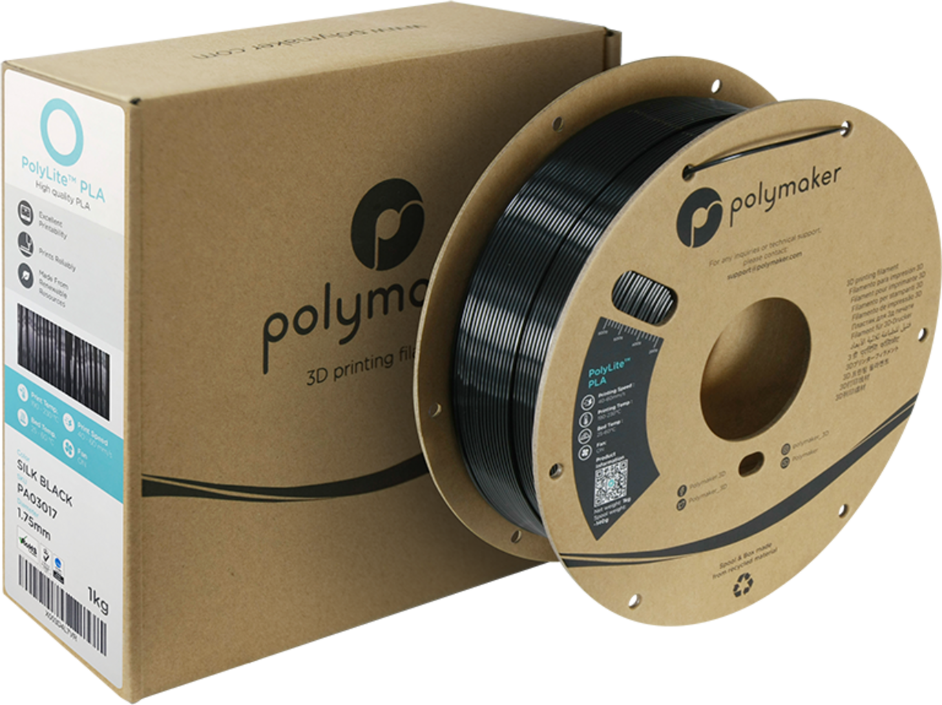 Polymaker  PolyLite Silk PLA Black, 1,75 mm / 1000 g    Glänzendes Seidenfilament