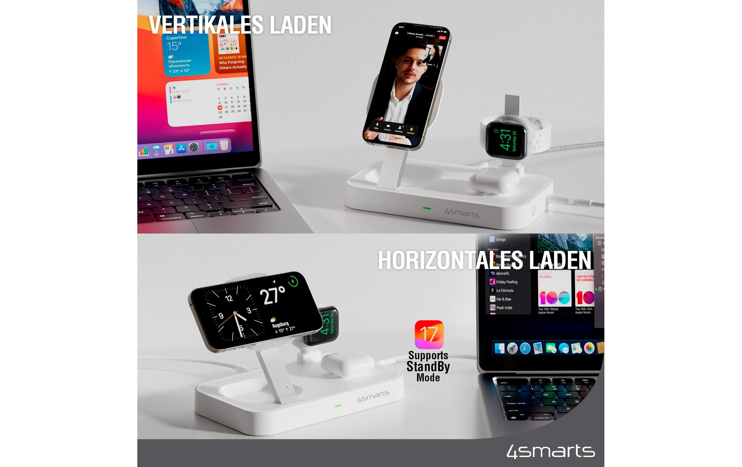 Wireless Charger Qi2 Weiss3-in-1 MagSafe-Ladestation mit inkludiertem Ladegerät und Apple Watch Charger