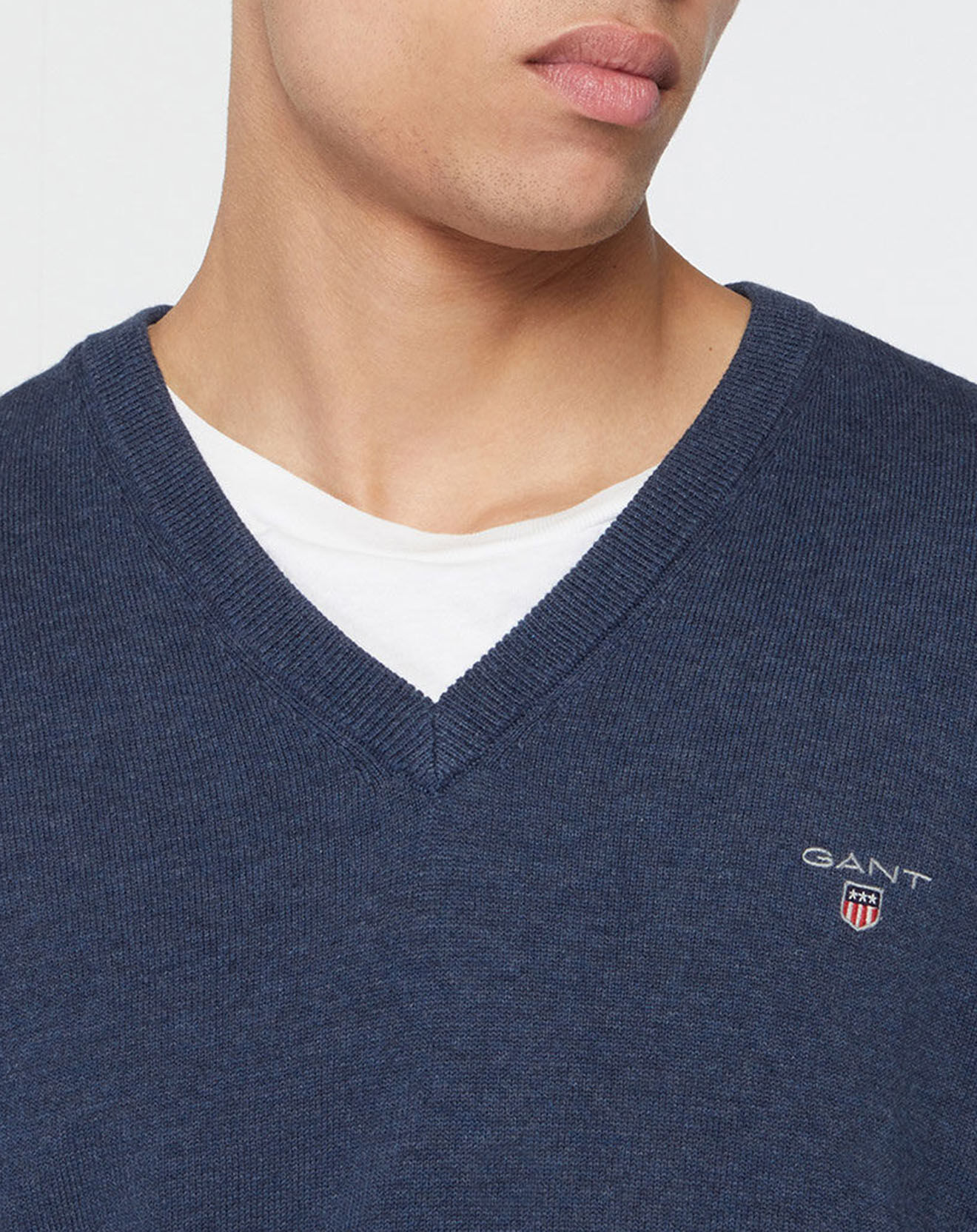 Gant Pull col V coton bleu foncé chiné