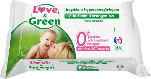 Love&Green Lingettes Hypoallergéniques À La Fleur D'Oranger Bio Peaux Sensibles 64 Pièces