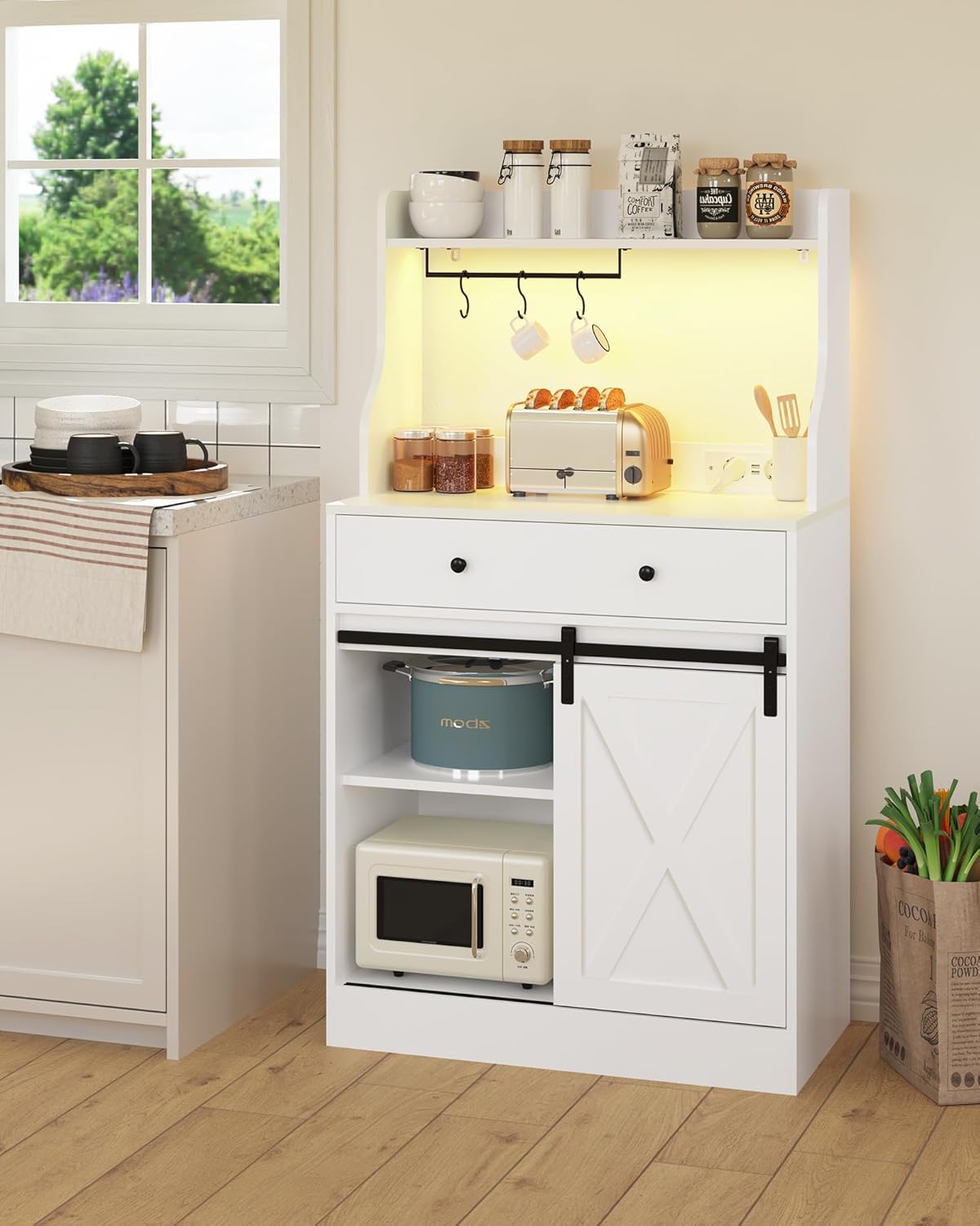 Küchenschrank, Sideboard mit LED, Steckdose, Große Schublade, Buffetschrank mit Arbeitsplatte, Verstellbaren Ablagen, 3 Hakens, Großer Stauraum, für Küche Wohnzimmer, Esszimmer, Weiß