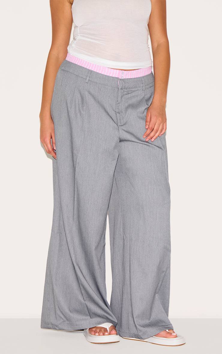 Gris Pantalon Grande Taille Droit À Détail Boxer En Tissu Tissé Avec Rayures Contrastées