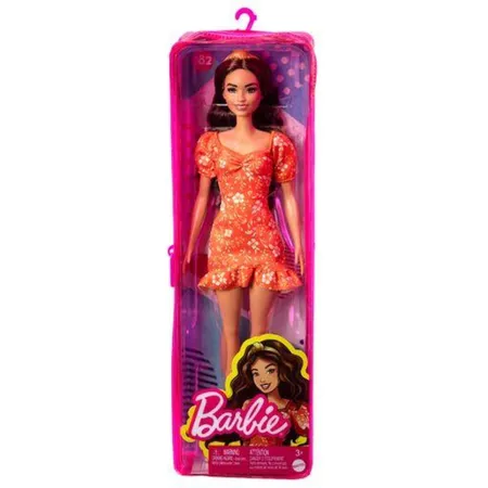Barbie Fashionistas Puppe orangefarbenes Blumenkleid und Absatzschuhe