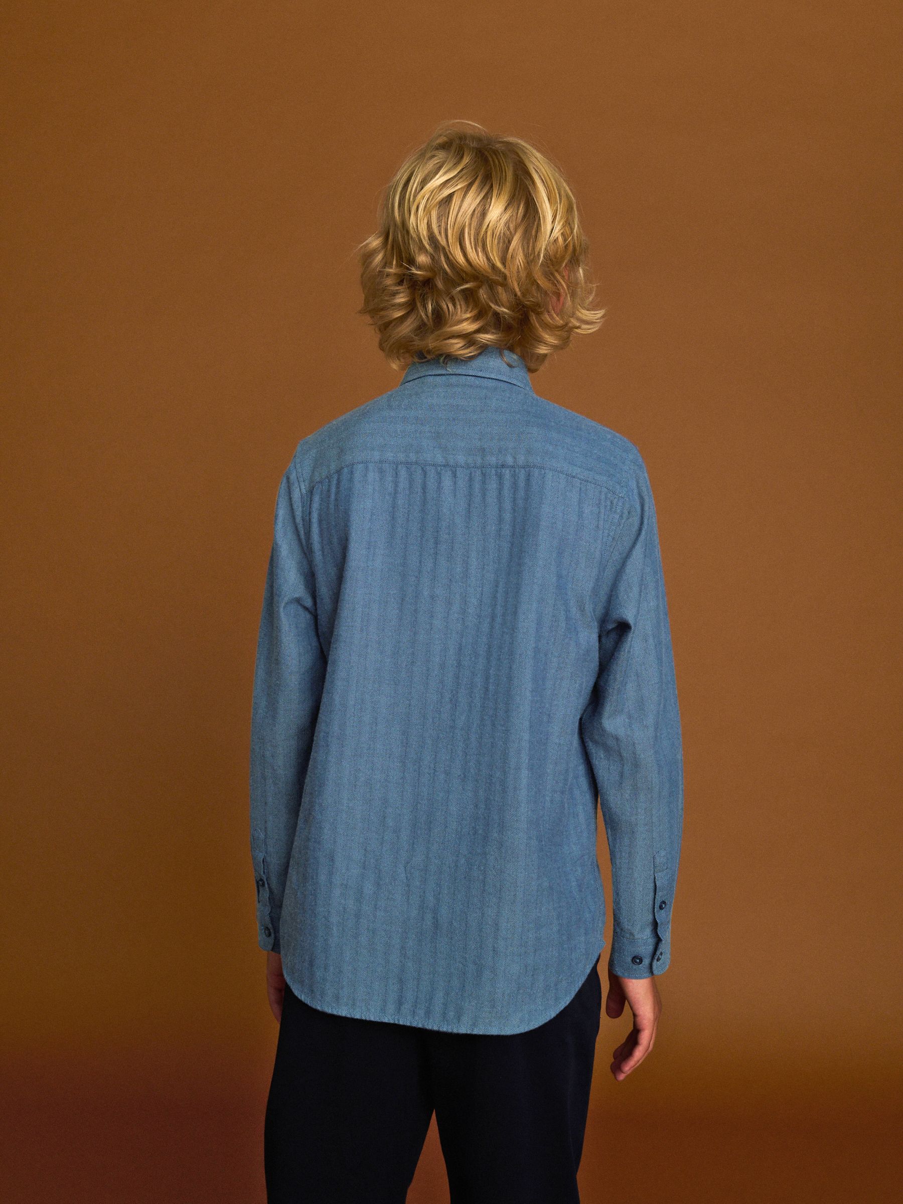 Blauw - Long Sleeve Herringbone Shirt (3-16yrs)