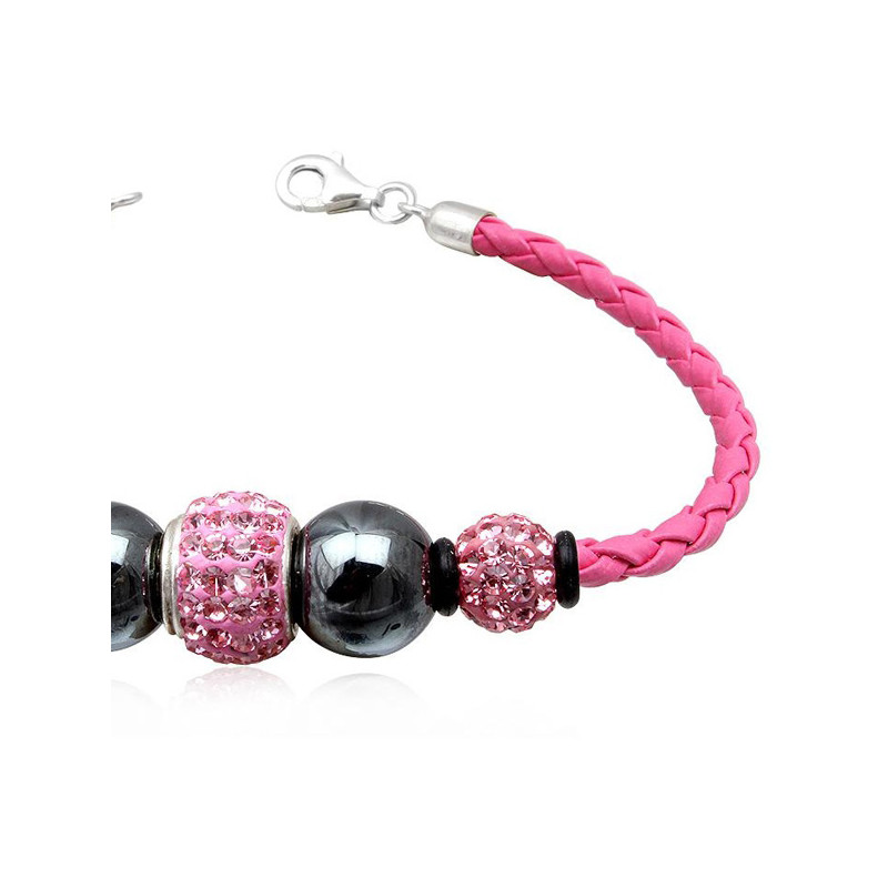 Bracelet cuir rose, Perles Hematites noires et Cristal Rose et Argent 925